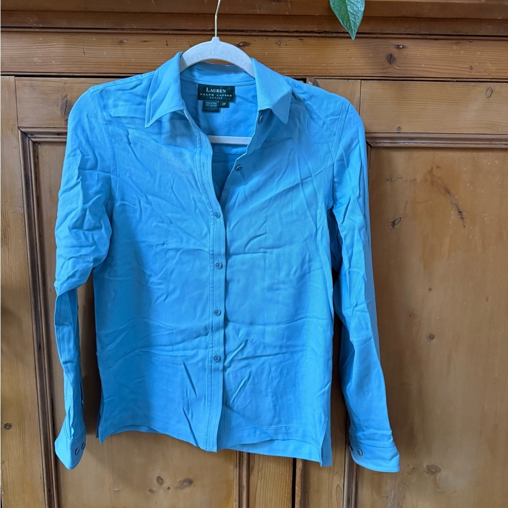Vintage Lauren Ralph Lauren Light Blue Silk long sleeve button front top - Picture 2 of 4